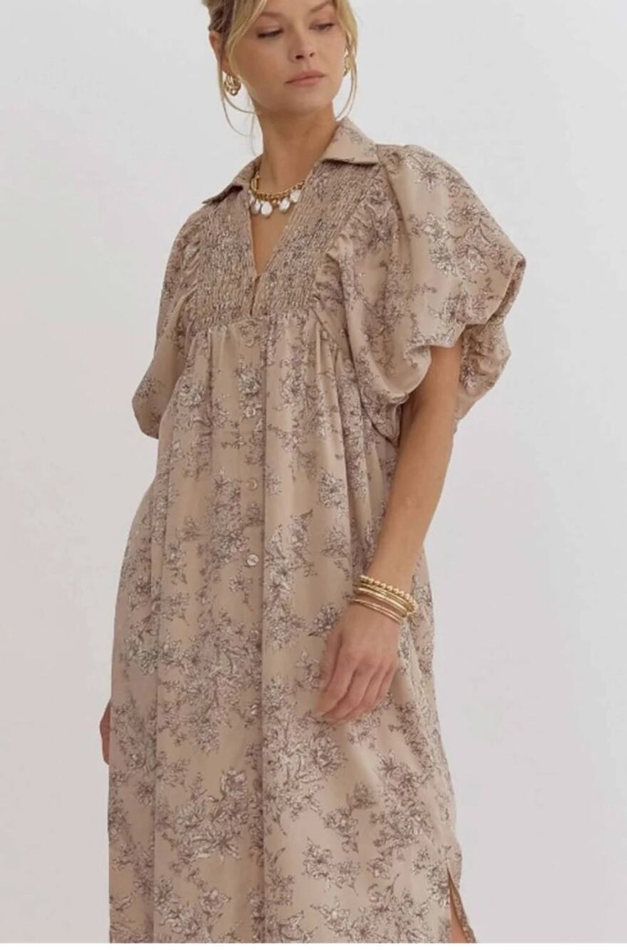 Entro Floral puff sleeve midi dress in mocha / beige cottagecore dress sz M